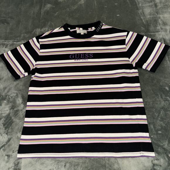 Guess T-Shirt Men's Small Multicolor Striped Short Sleeve Crew Neck Pullover - Picture 1 of 7